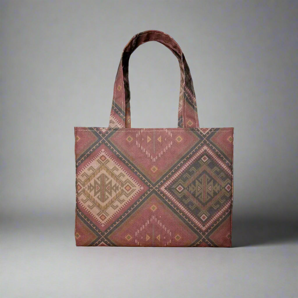 Mini tote bag with red, orange, and beige diamond kilim pattern