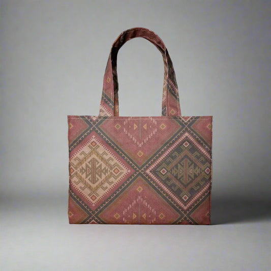 Mini tote bag with red, orange, and beige diamond kilim pattern