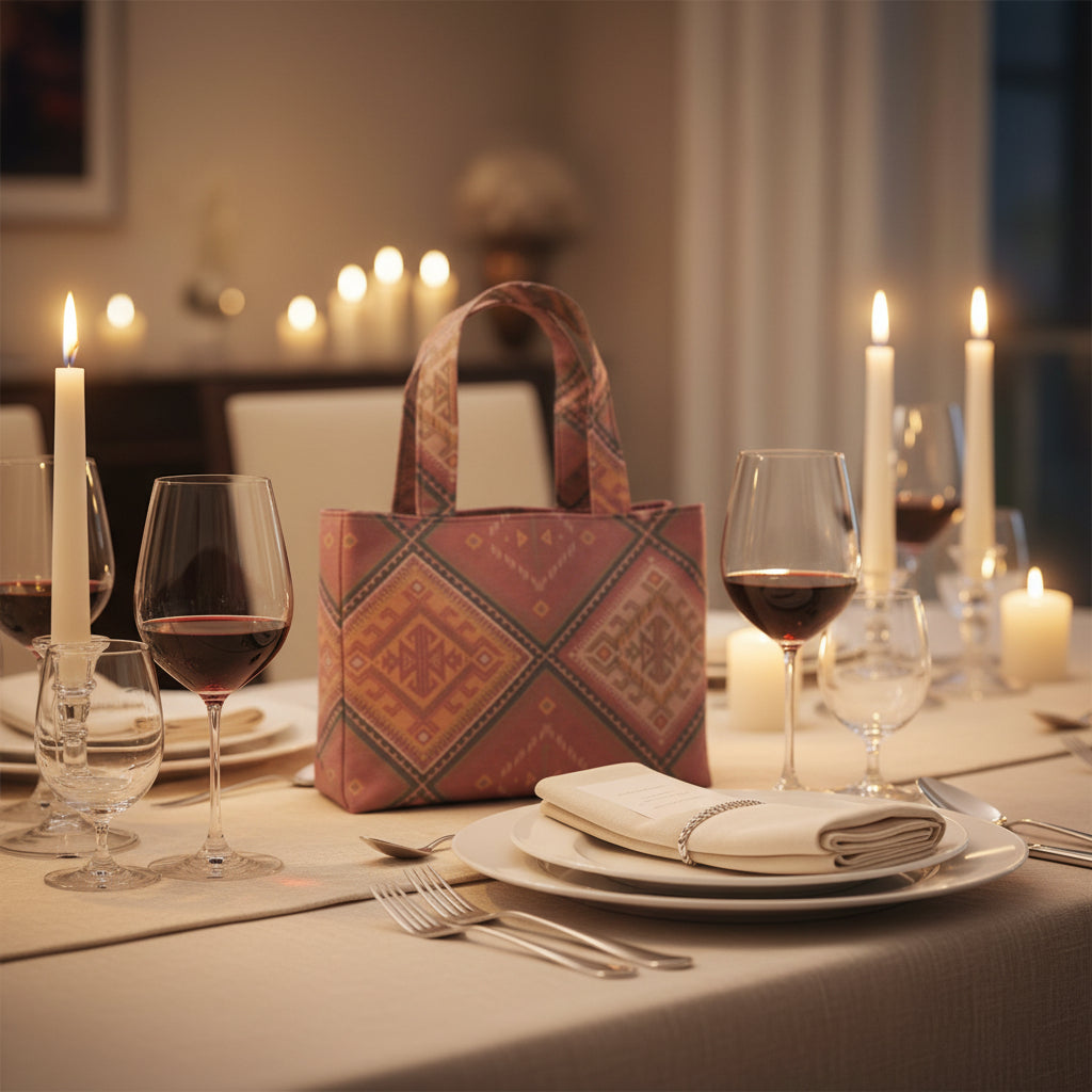 Mini tote bag with red, orange, and beige diamond kilim pattern sitting on a formal dining table at a dinner party