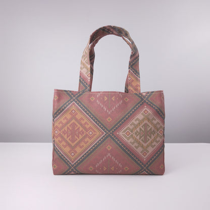 Mini tote bag with red, orange, and beige diamond kilim pattern