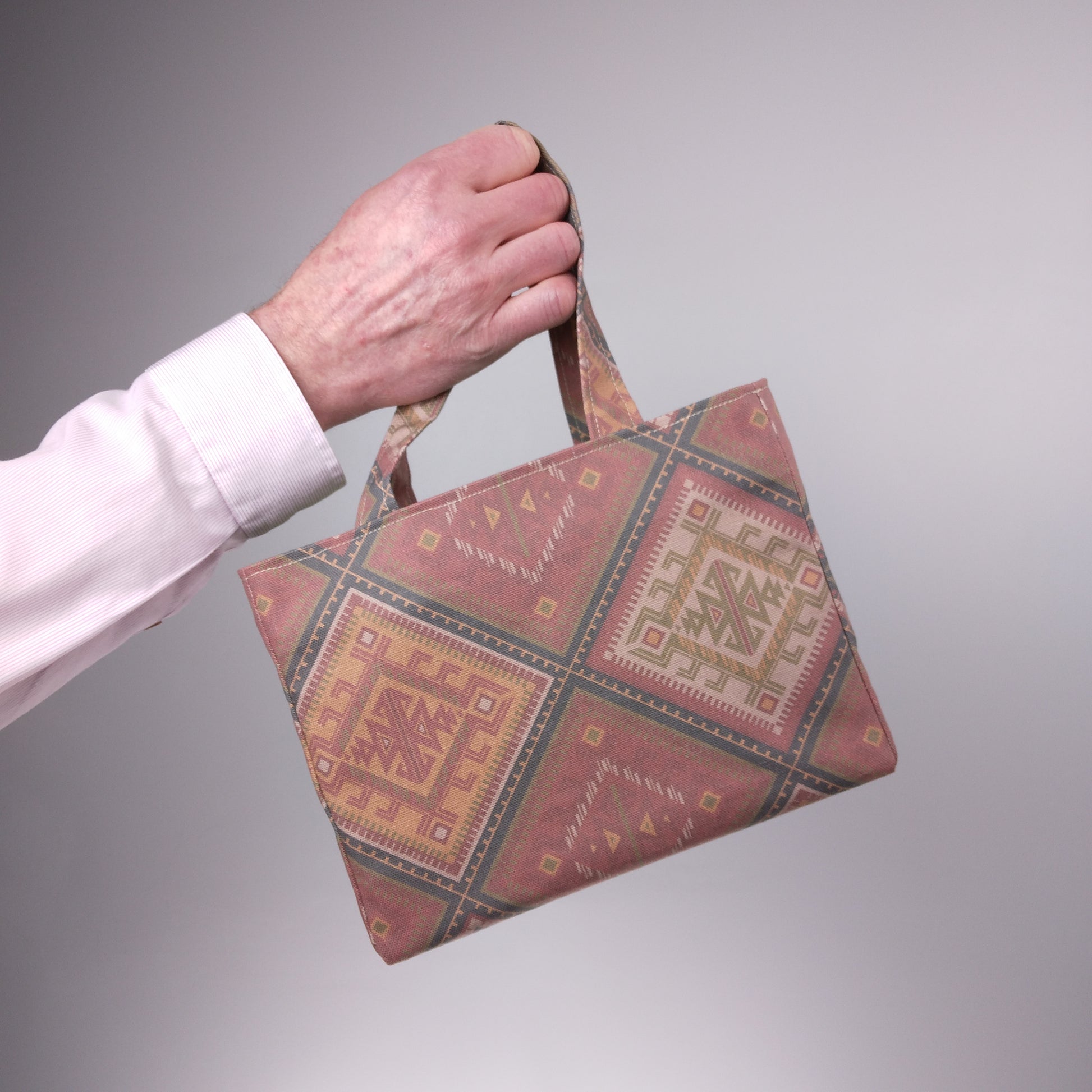 Mini tote bag with red, orange, and beige diamond kilim pattern