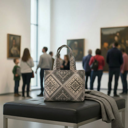 Mini tote bag with grey diamond kilim pattern sitting on a bench in an art gallery