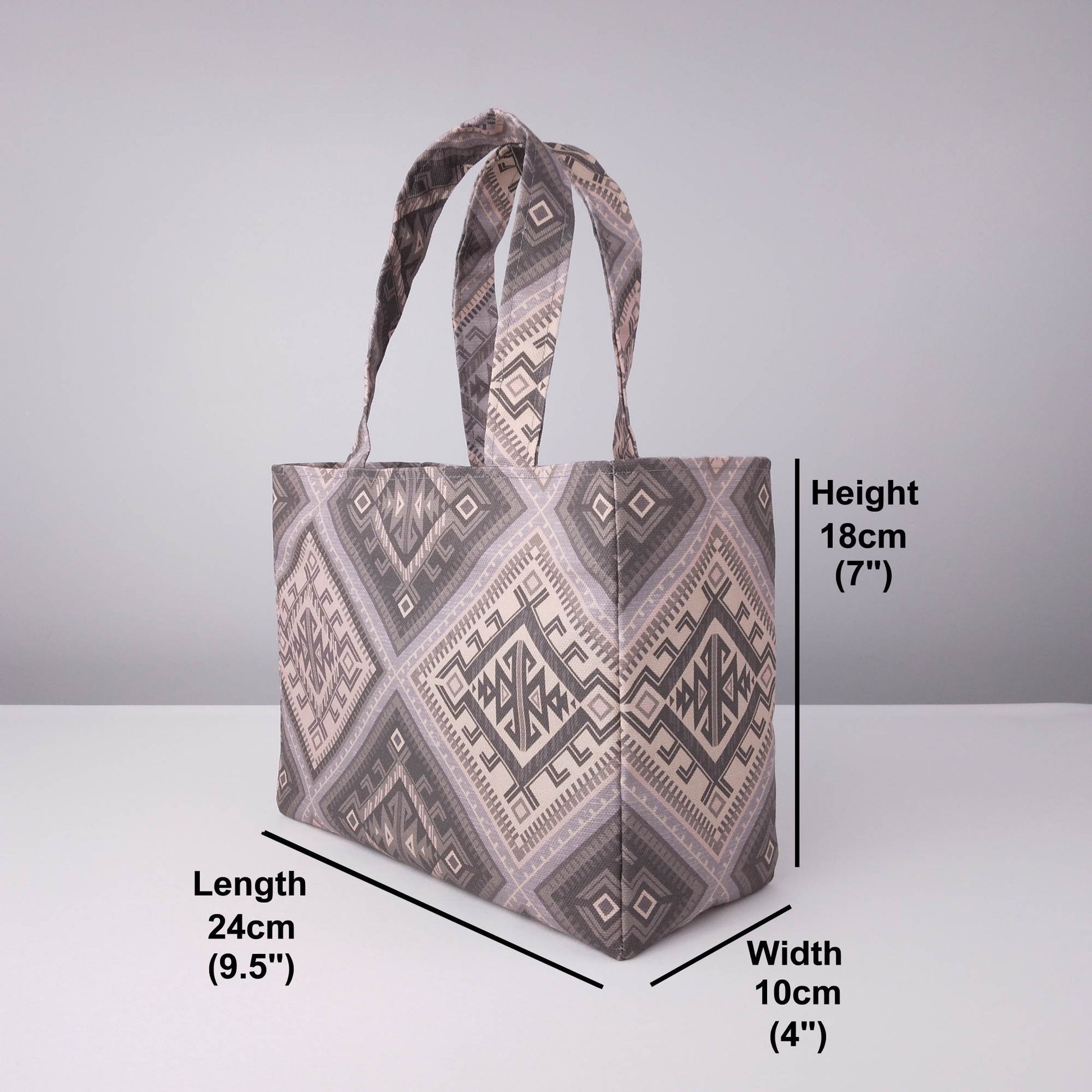 Mini tote bag with product details