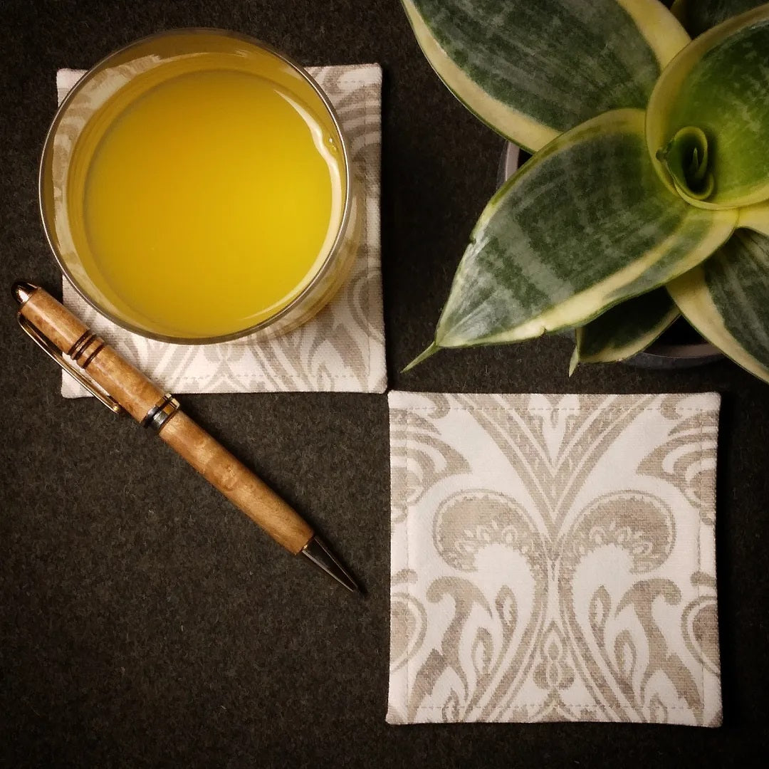 Square Fabric Coaster Set of 2 - Natural Damask Print