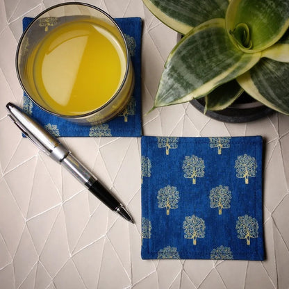 Square Fabric Coaster Set of 2 - Gold Trees on Blue