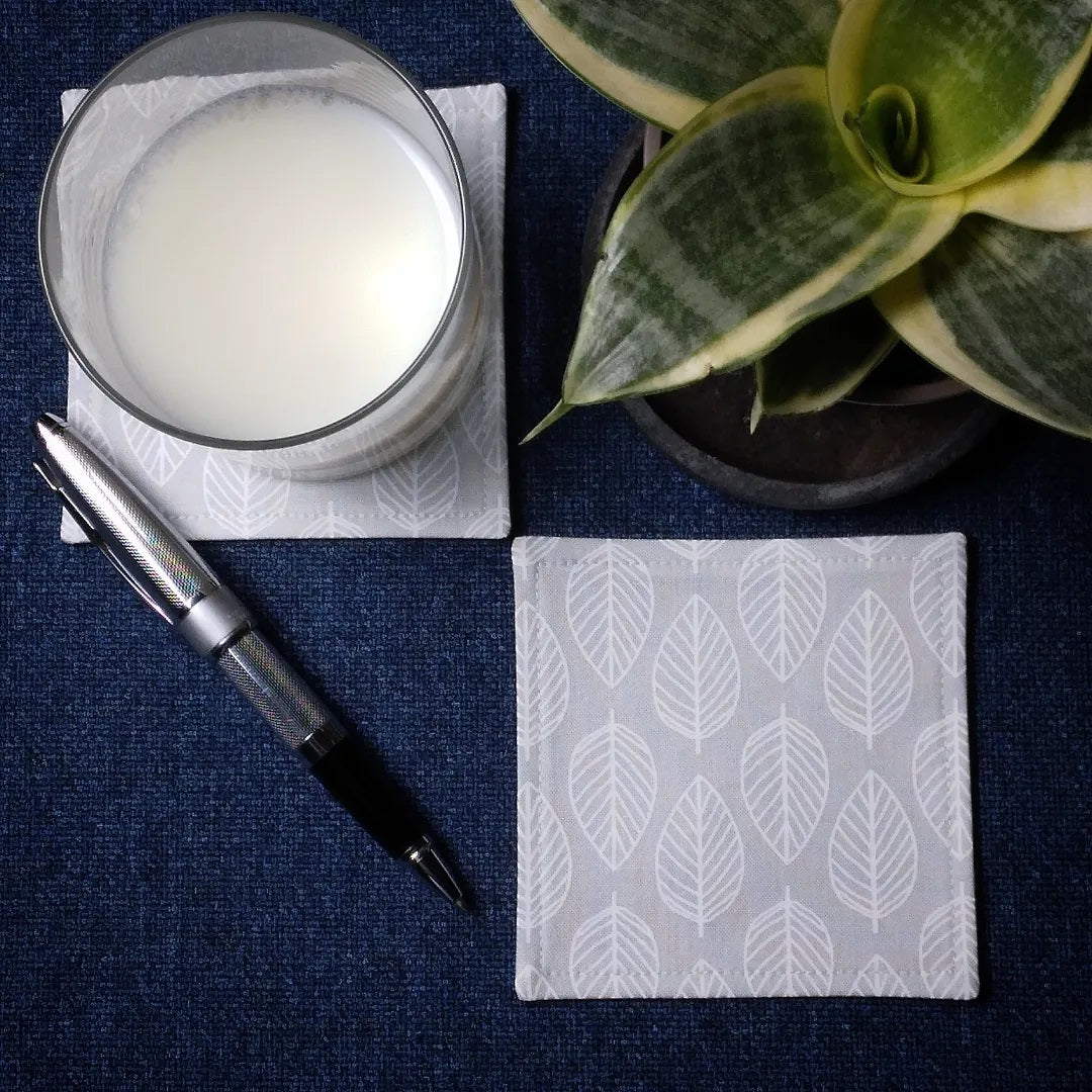 Square Fabric Coaster Set of 2 - White Leaves on Grey