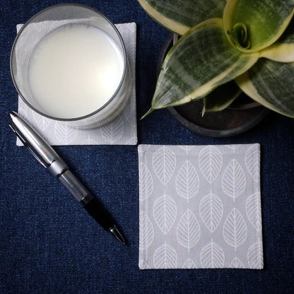 Square Fabric Coaster Set of 2 - White Leaves on Grey
