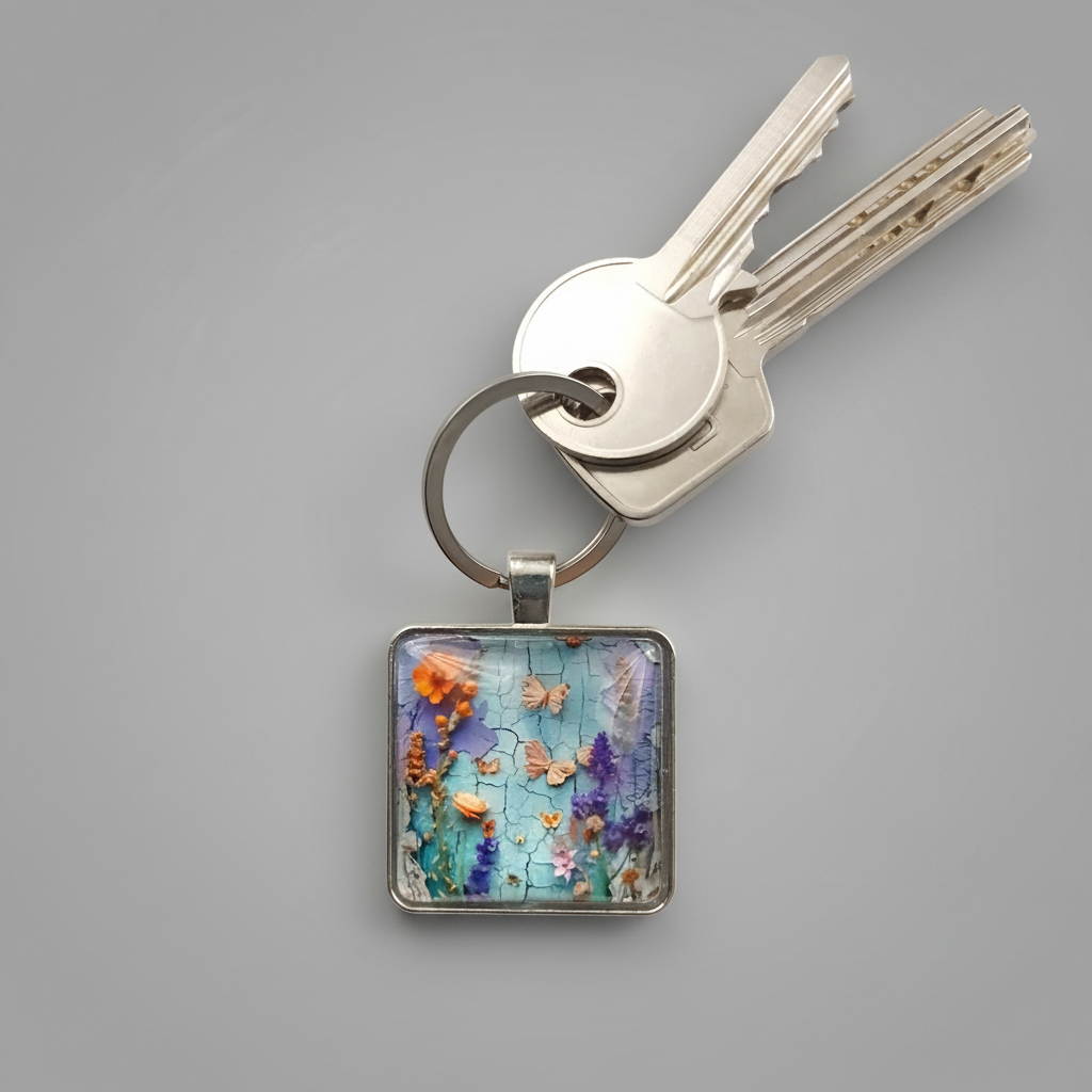 A square glass cabochon keychain with colourful floral collage designs in a metal frame with stainless steel ring