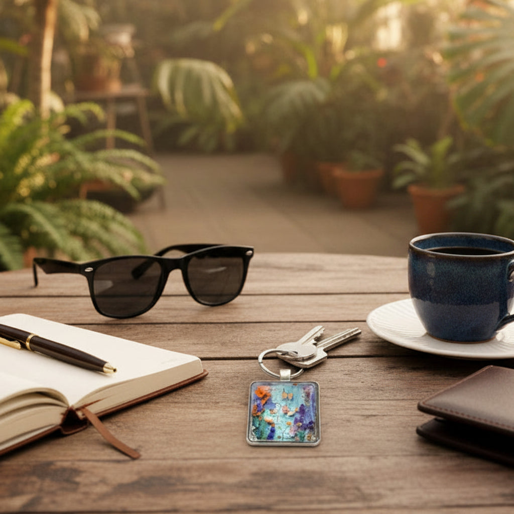 A square glass cabochon keyring with colourful floral design, laying on a cafe table in a botanic garden greenhouse