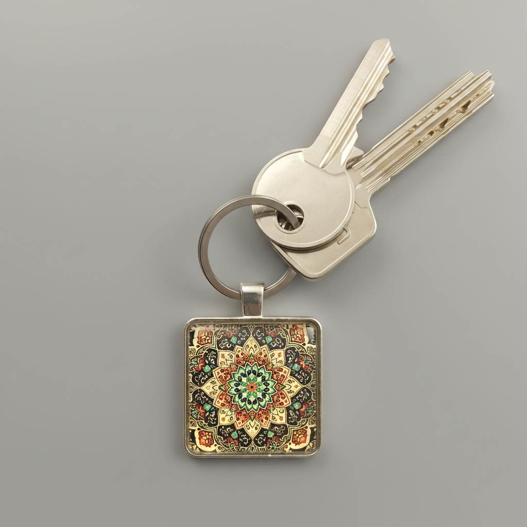 A square glass cabochon keyring with multi colour mandala design