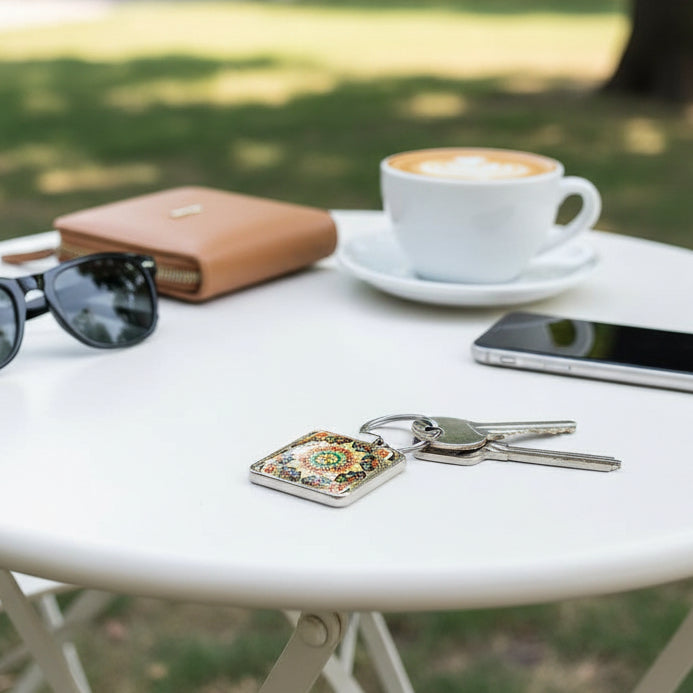 A square glass cabochon keychain with colourful mandala design laying on a cafe table