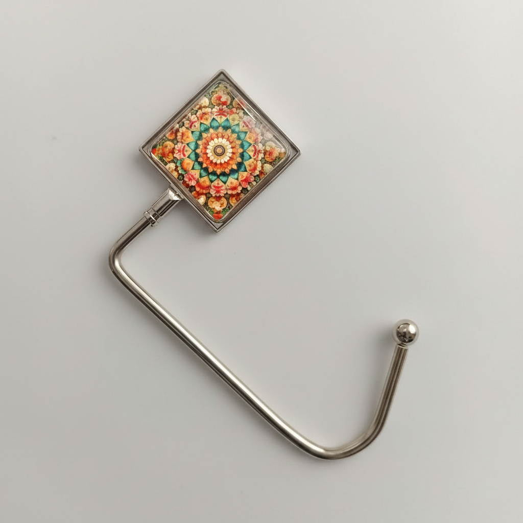 Glass cabochon handbag hook with a colourful manadala image