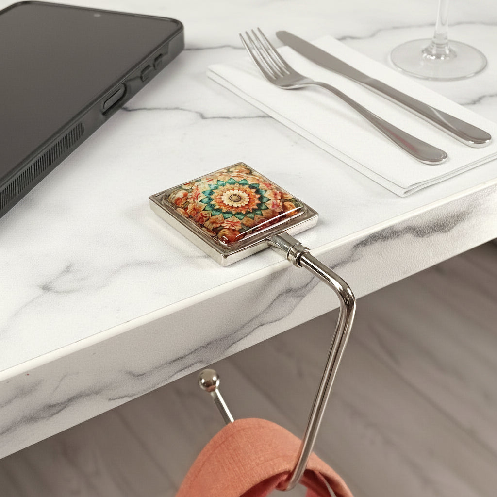 A purse hook with glass cabochon and colourful mandala design, hanging from a restaurant table