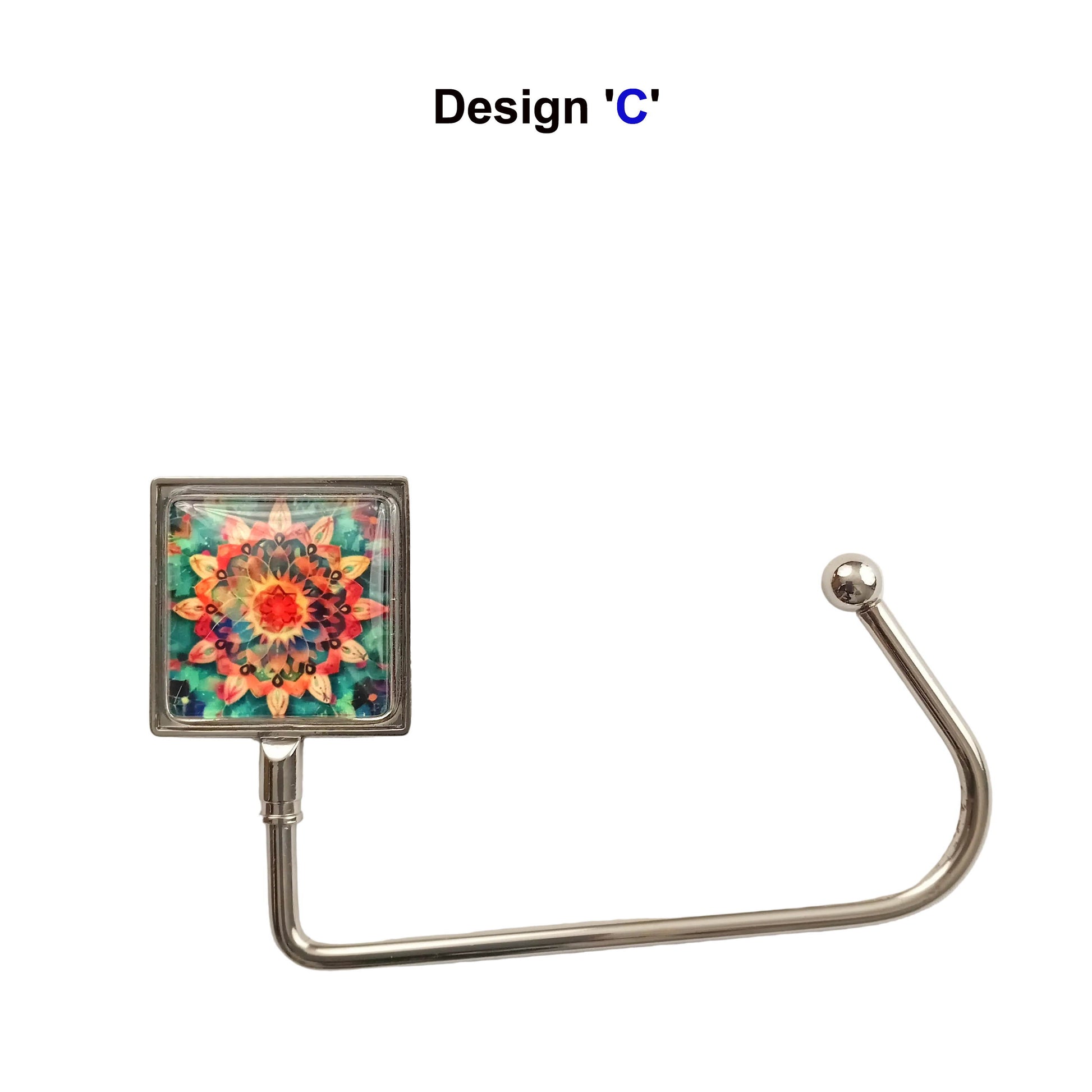 Handbag hook with glass cabochon and colourful mandala design