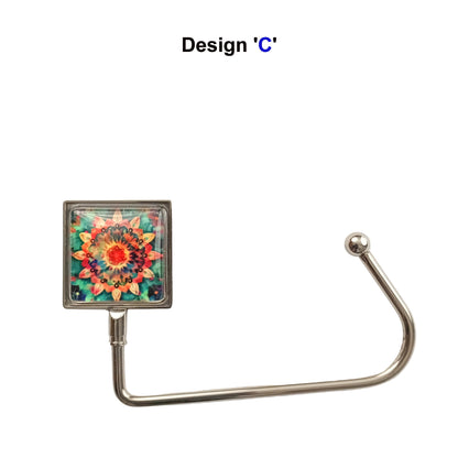 Handbag hook with glass cabochon and colourful mandala design