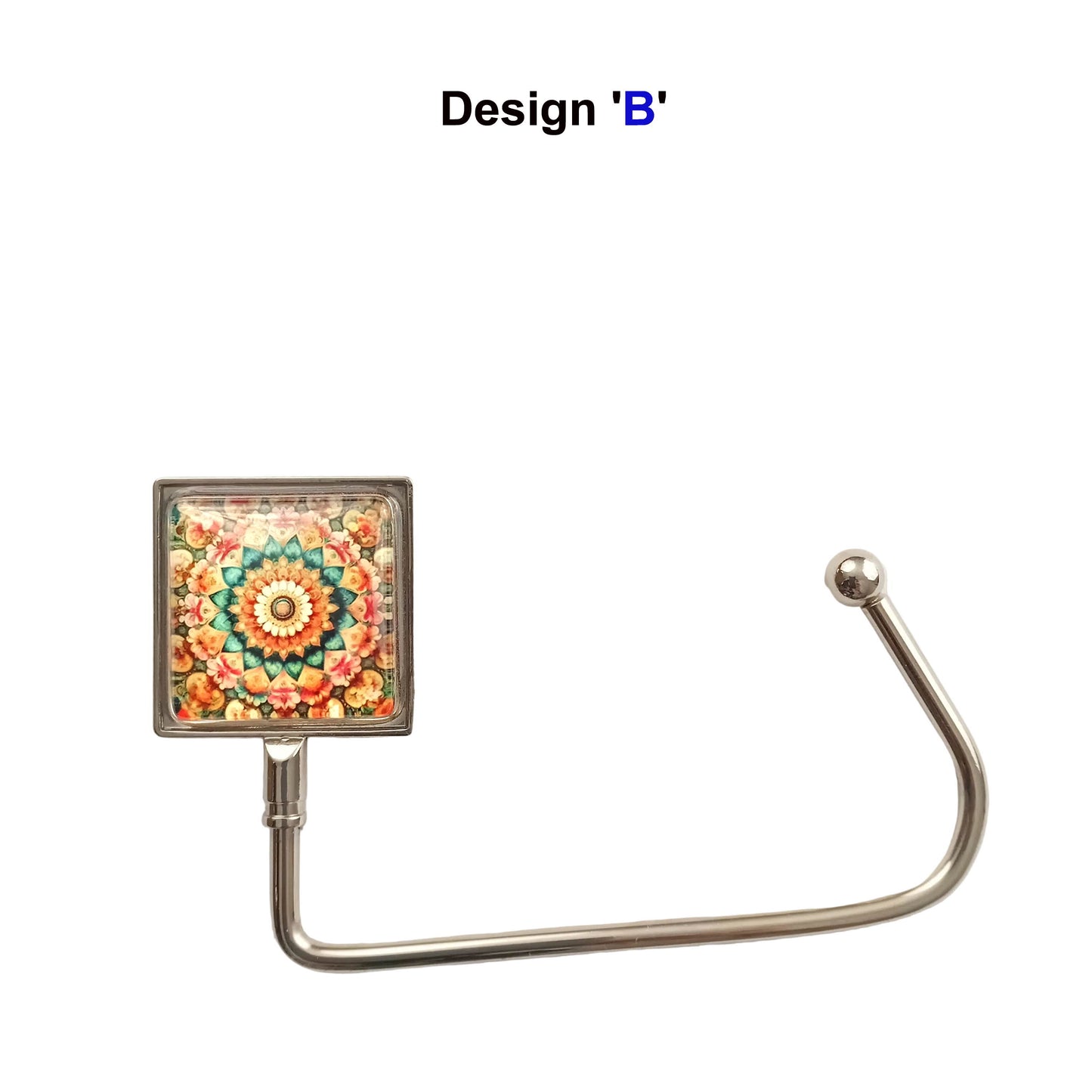 Handbag hook with glass cabochon and colourful mandala design