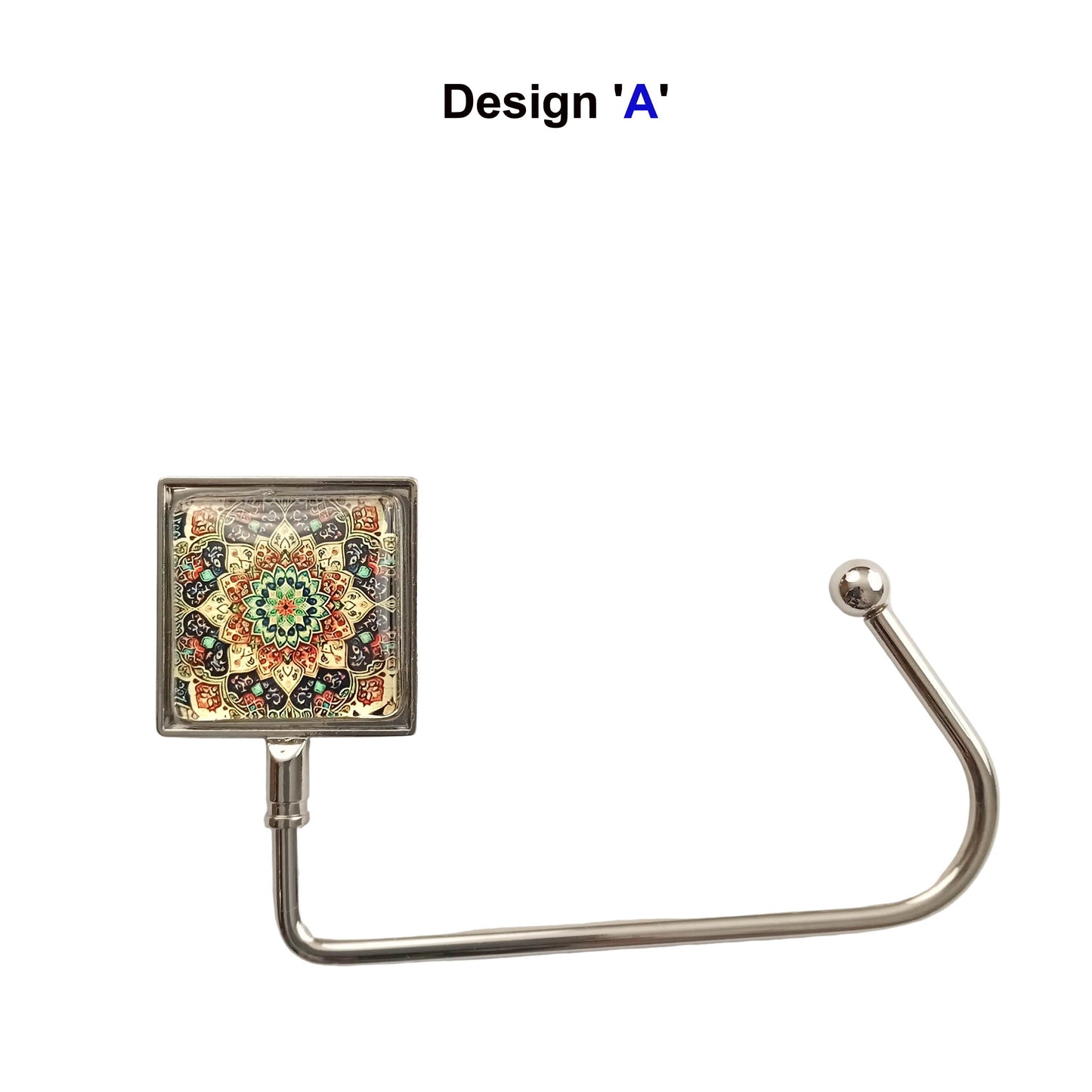 Handbag hook with glass cabochon and colourful mandala design