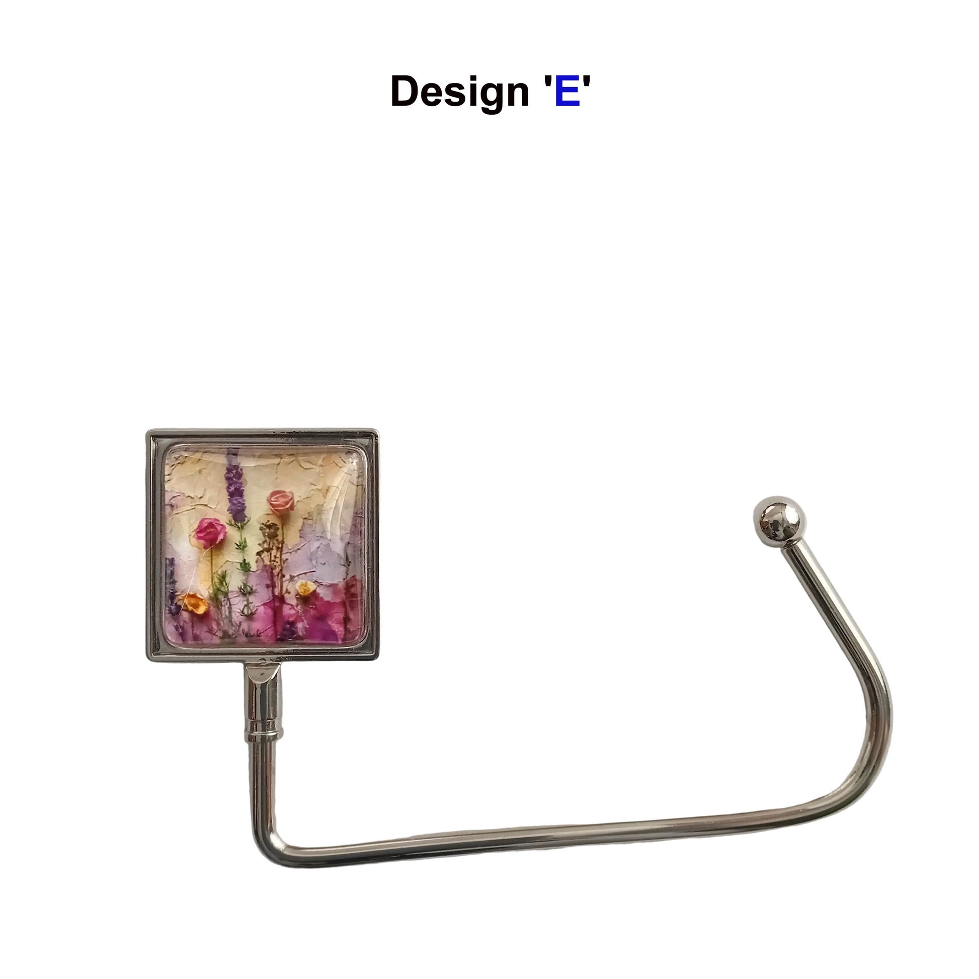 Handbag hook with glass cabochon and colourful yellow and purple floral collage image, and metal hook