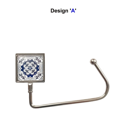 Handbag hook with a glass domed blue and white tile image