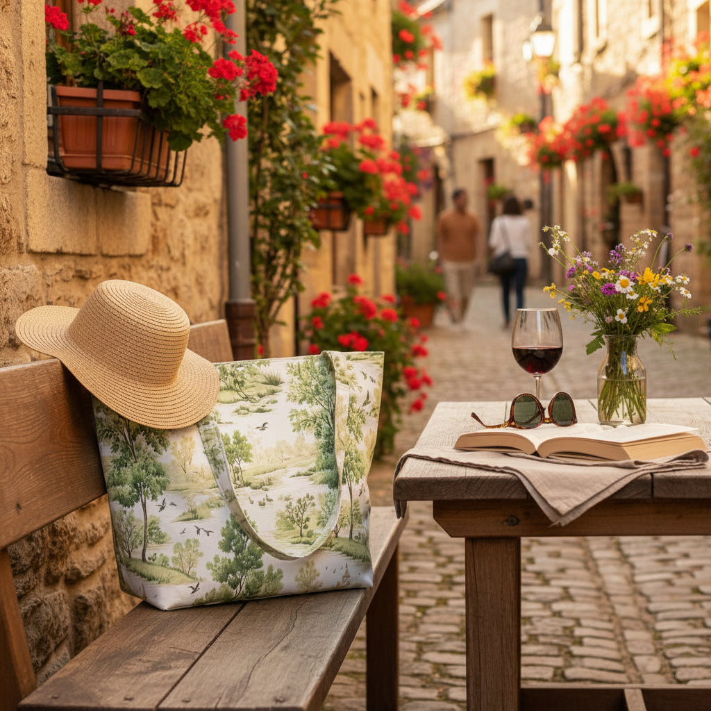 A handmade large cotton tote bag featuring a classic toile-style landscape print with green trees, birds, and a river scene on an off-white background, sitting on a restaurant bench in a European side street.