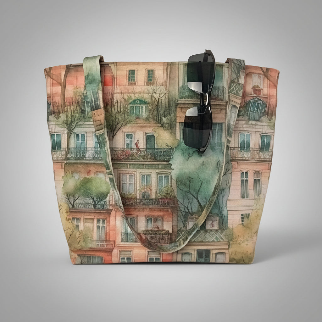 A handmade large cotton tote bag featuring a watercolour print of European-style buildings in soft pastel tones, with black sunglasses hanging from one of its handles, set against a plain light grey background.