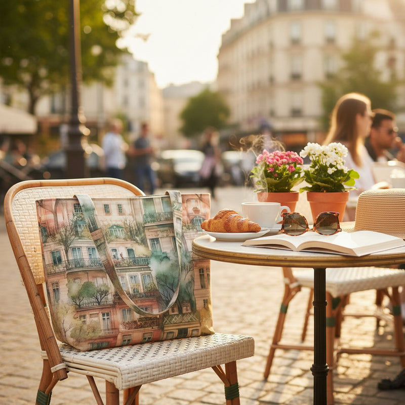 A handmade large cotton tote bag featuring a watercolour-style print of European apartment buildings in soft pastel tones, at an outdoor cafe.
