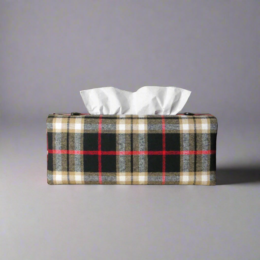 Woven brushed cotton rectangle tissue box cover with black and tan tartan pattern with a red stripe