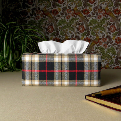 Rectangular Fabric Tissue Box Cover - Black and Tan Tartan