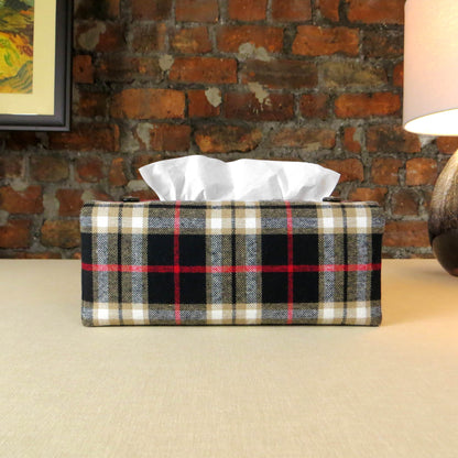 Woven brushed cotton rectangle tissue box cover with black and tan tartan pattern with a red stripe