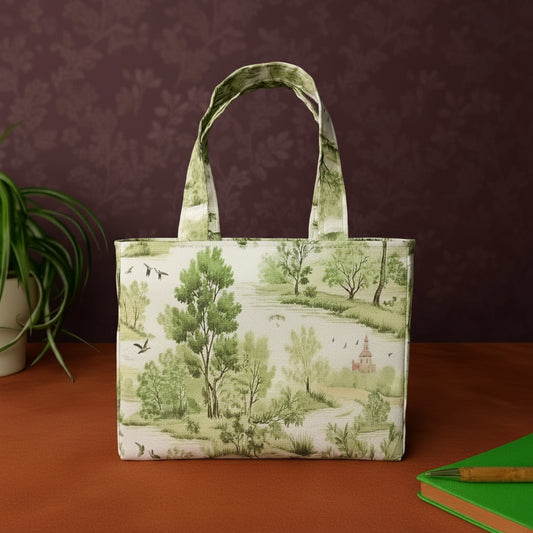 A handmade mini cotton tote bag with a toile-style landscape print featuring green trees, winding paths, and small birds on an off-white background.