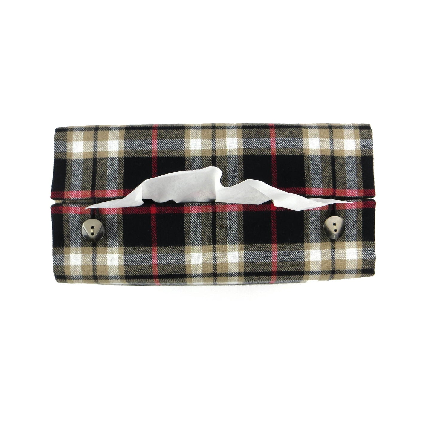 Woven brushed cotton rectangle tissue box cover with black and tan tartan pattern with a red stripe