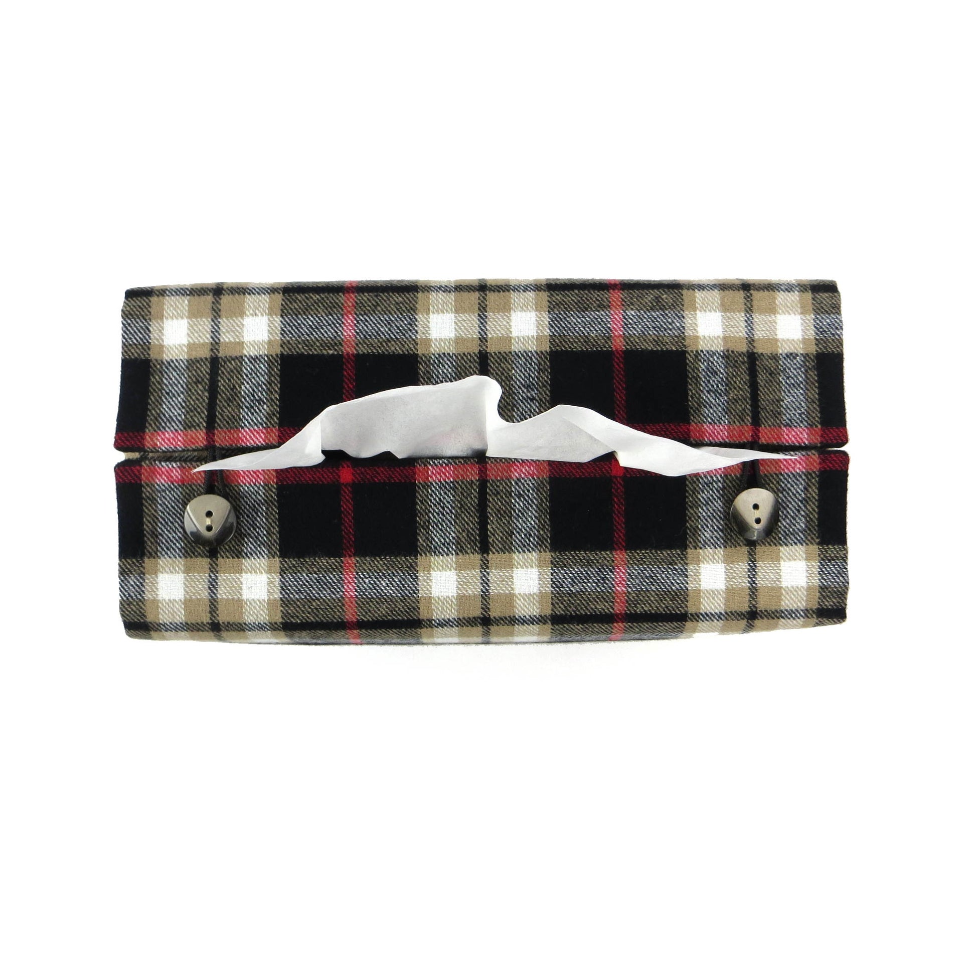 Woven brushed cotton rectangle tissue box cover with black and tan tartan pattern with a red stripe