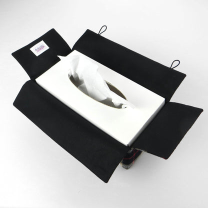 Woven brushed cotton rectangle tissue box cover with black and tan tartan pattern with a red stripe