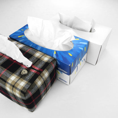 Woven brushed cotton rectangle tissue box cover with black and tan tartan pattern with a red stripe