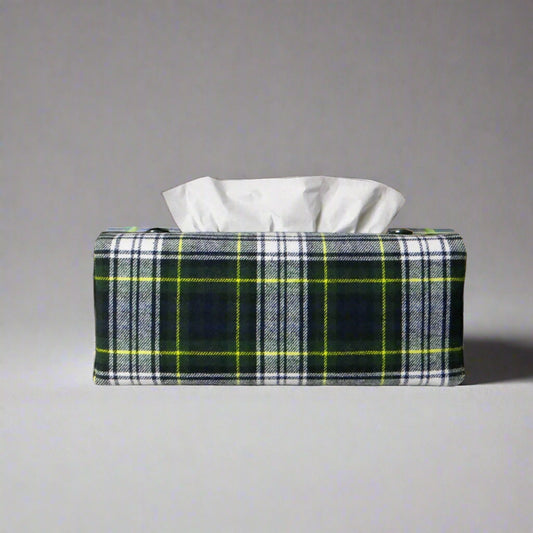 Woven brushed cotton rectangle tissue box cover with blue, green, and white tartan pattern with a yellow stripe