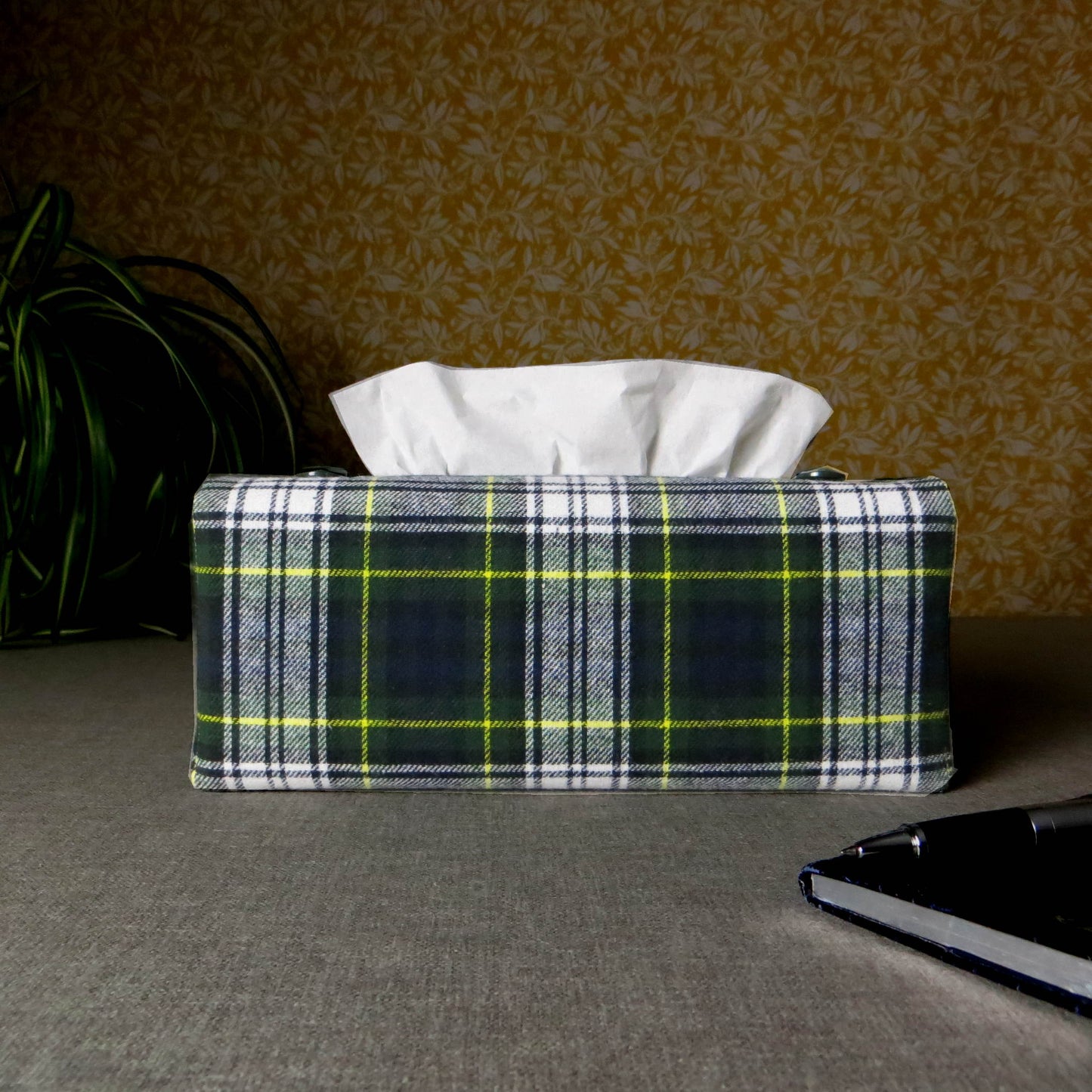 Woven brushed cotton rectangle tissue box cover with a pen, notebook, and plant