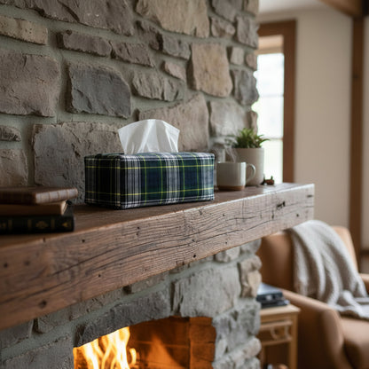 Woven brushed cotton rectangle tissue box cover sitting on a fireplace mantle in a contemporary home living room