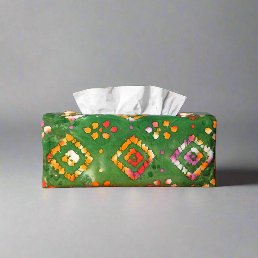 Batik printed cotton rectangle tissue box cover with tie dye orange diamond design on green background