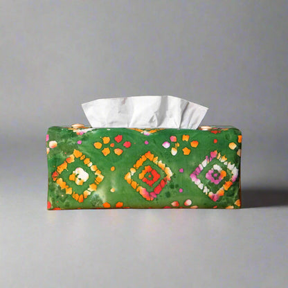 Batik printed cotton rectangle tissue box cover with tie dye orange diamond design on green background
