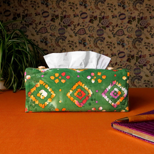 Rectangular Fabric Tissue Box Cover - Orange Diamonds on Green