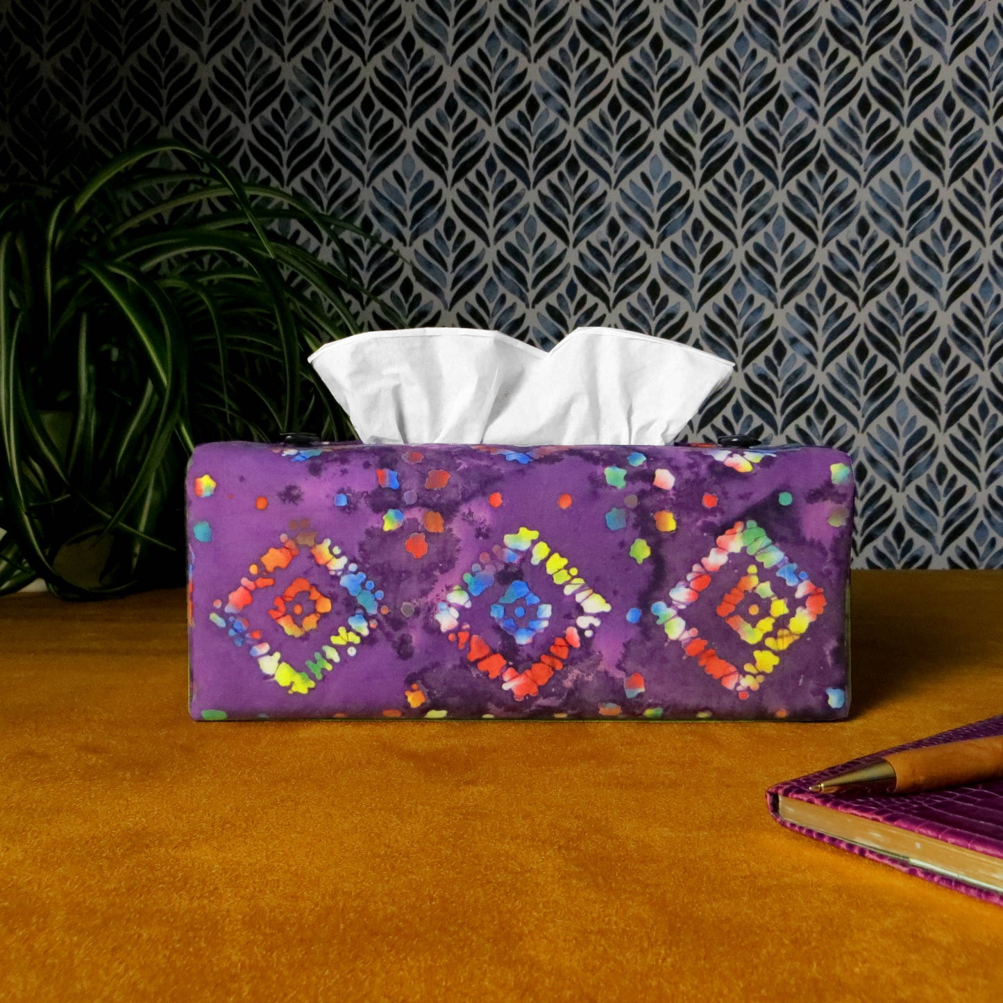 Rectangular Fabric Tissue Box Cover - Multi Colour Diamonds on Purple