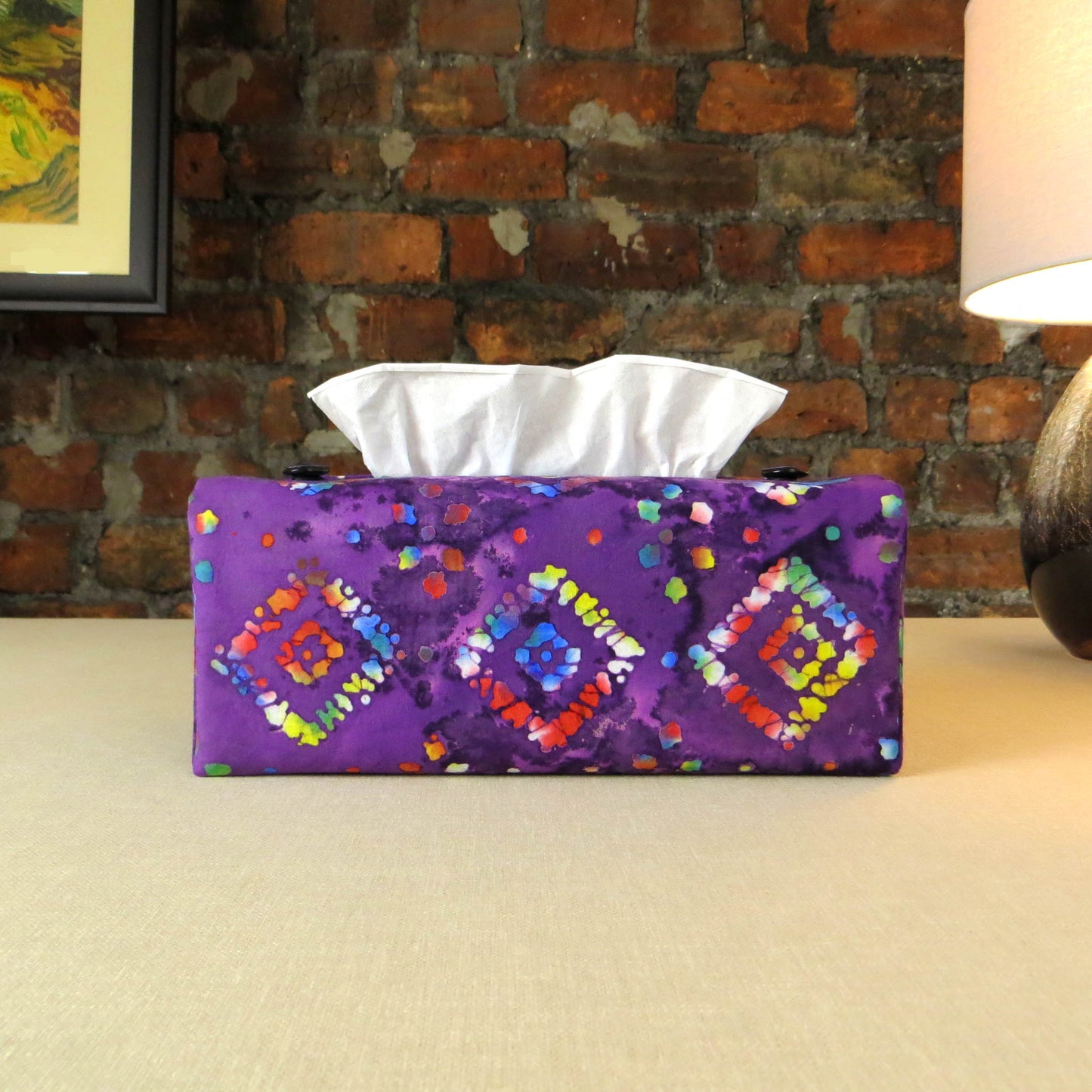 Batik printed cotton rectangle tissue box cover with tie dye multi colour diamond design on purple background