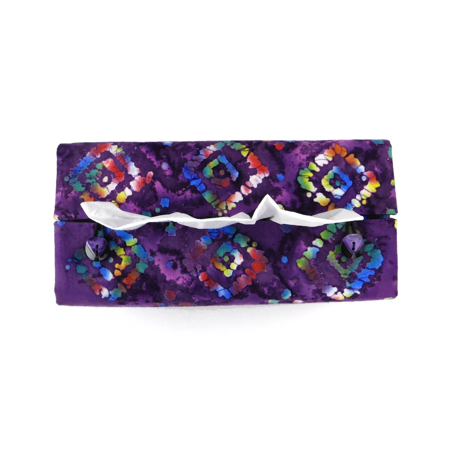 Batik printed cotton rectangle tissue box cover with tie dye multi colour diamond design on purple background
