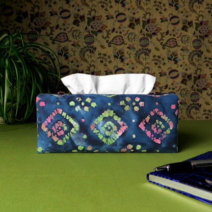Rectangular Fabric Tissue Box Cover - Magenta and Green Diamonds on Blue