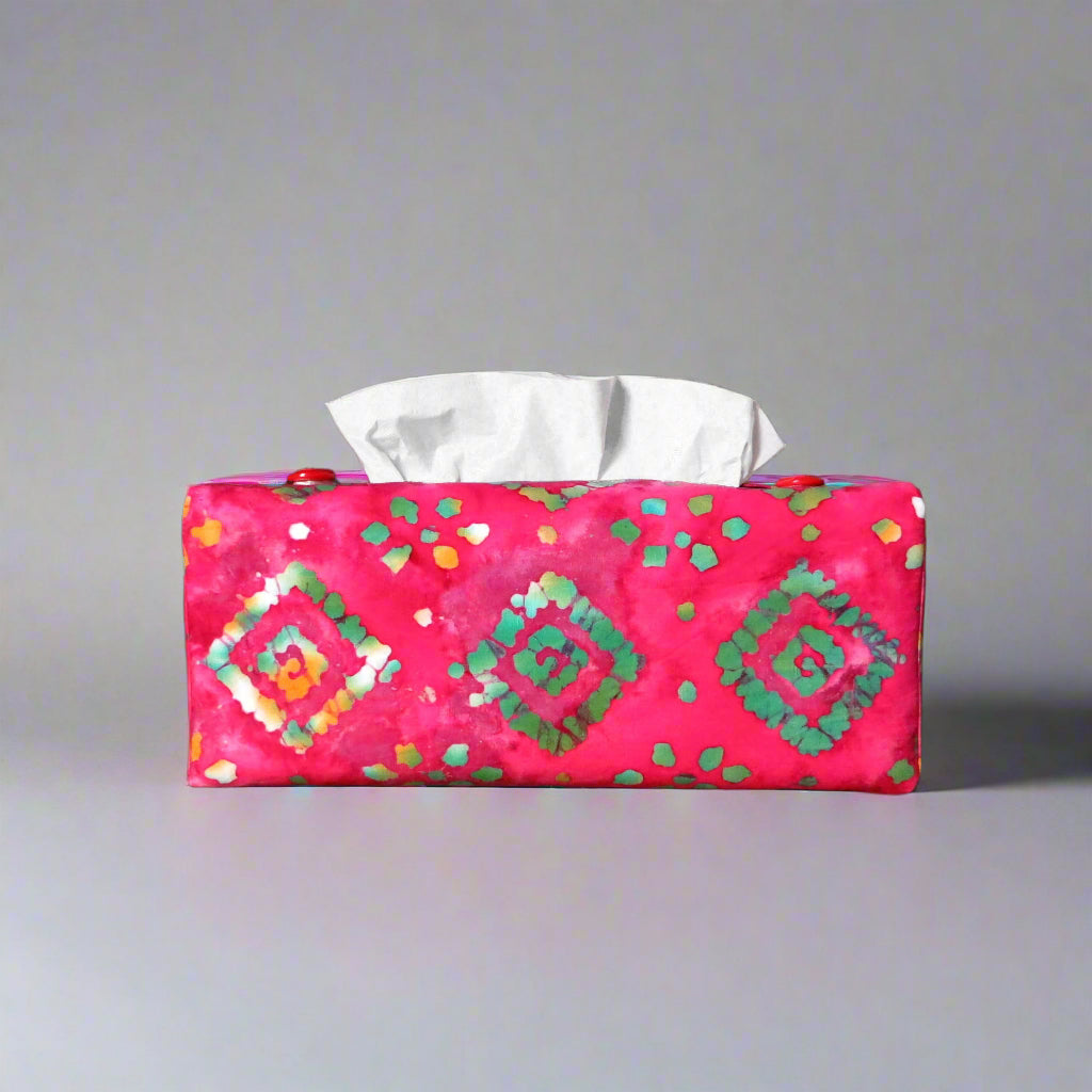 Batik printed cotton rectangle tissue box cover with tie dye green diamond design on pink background
