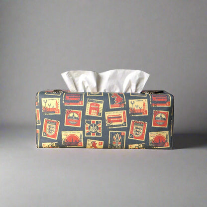 Printed cotton rectangle tissue box cover with British stamps design on pale navy background