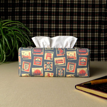 Rectangular Fabric Tissue Box Cover - British Stamps on Blue