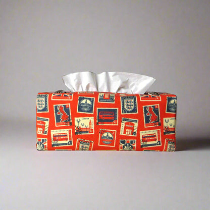 Printed cotton rectangle tissue box cover with British stamps design on red background