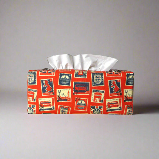 Printed cotton rectangle tissue box cover with British stamps design on red background