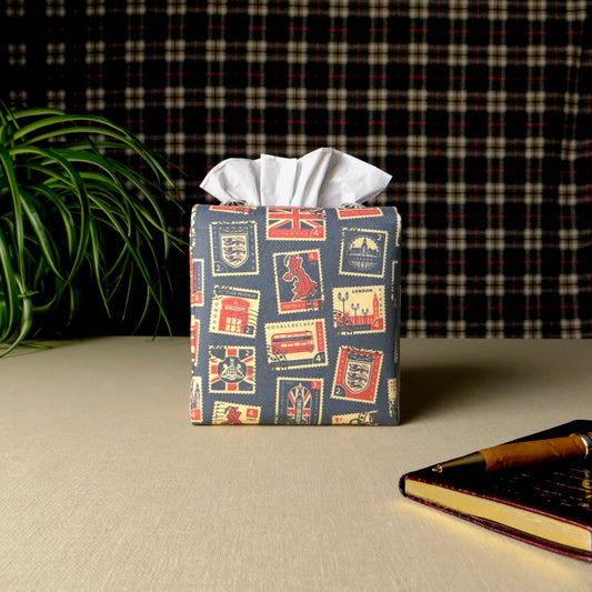 Cube Fabric Tissue Box Cover - British Stamps on Blue